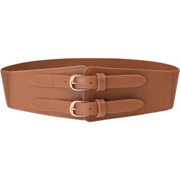 Wide Elastic Cinch Belt – Vintage PU Leather Waist Belt with Embossed Buckle - Picture 3 of 5